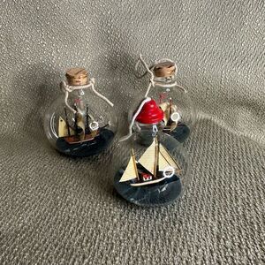 Ship in a bottle glass ball ornaments sailboat on the sea round Set of 3